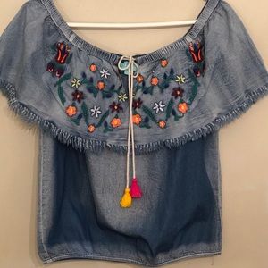 Boho PASTEL jean shirt on/off shoulders tassels M